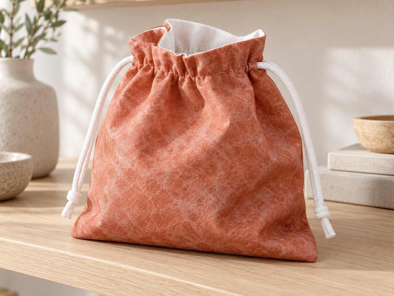 Terracotta printed drawstring pouch with the white flashspun HDPE base visible inside