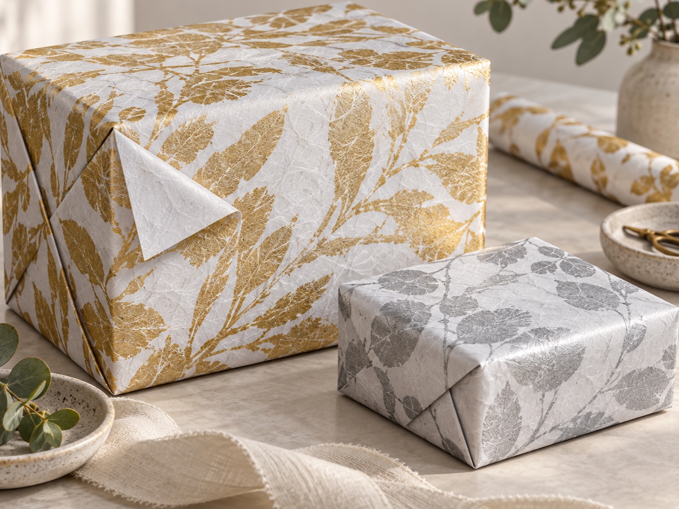 Gift boxes wrapped in gold and silver printed flashspun HDPE sheets