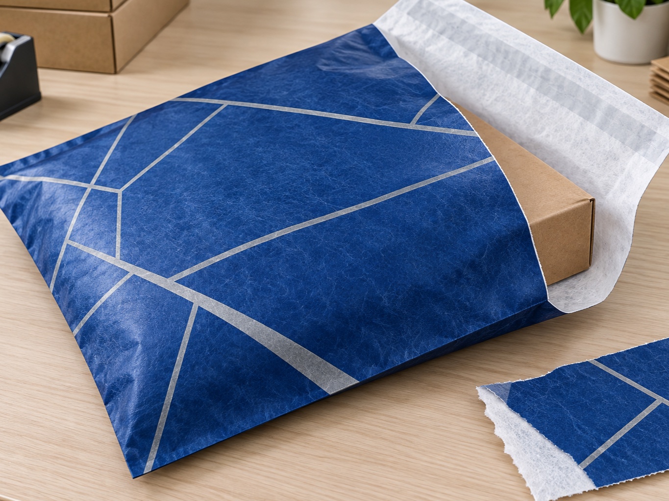 Deep-blue printed flashspun HDPE courier mailer with a white inner surface