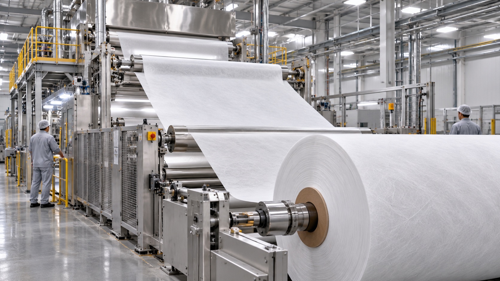 Flashspun HDPE nonwoven production line winding a large white roll