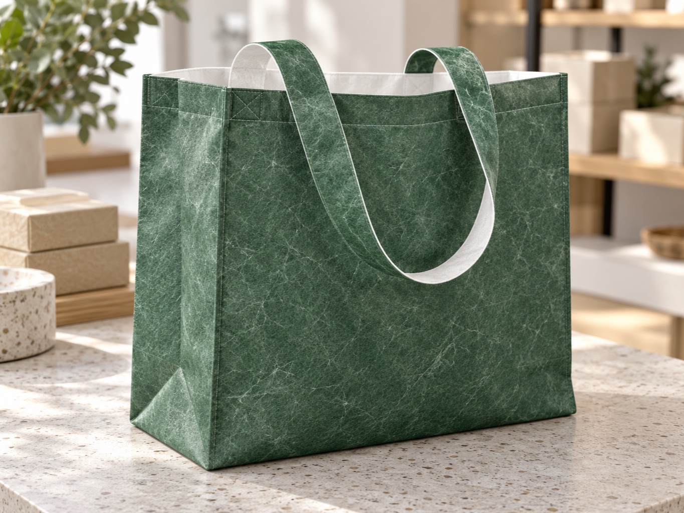 Forest-green printed reusable tote with its white flashspun HDPE base visible inside