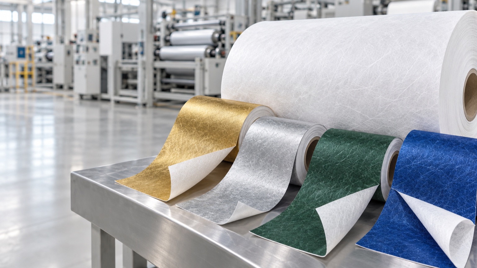 White flashspun HDPE base material with gold, silver, green and blue printed rolls