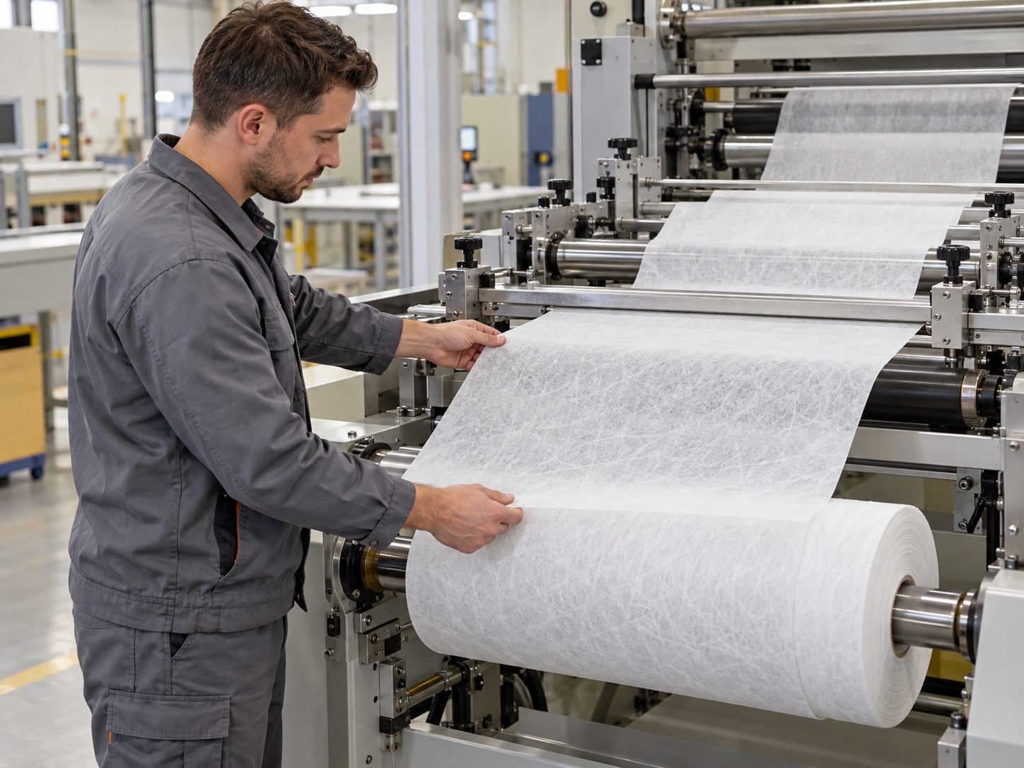 Converter technician testing a white flashspun HDPE sample roll on a converting line