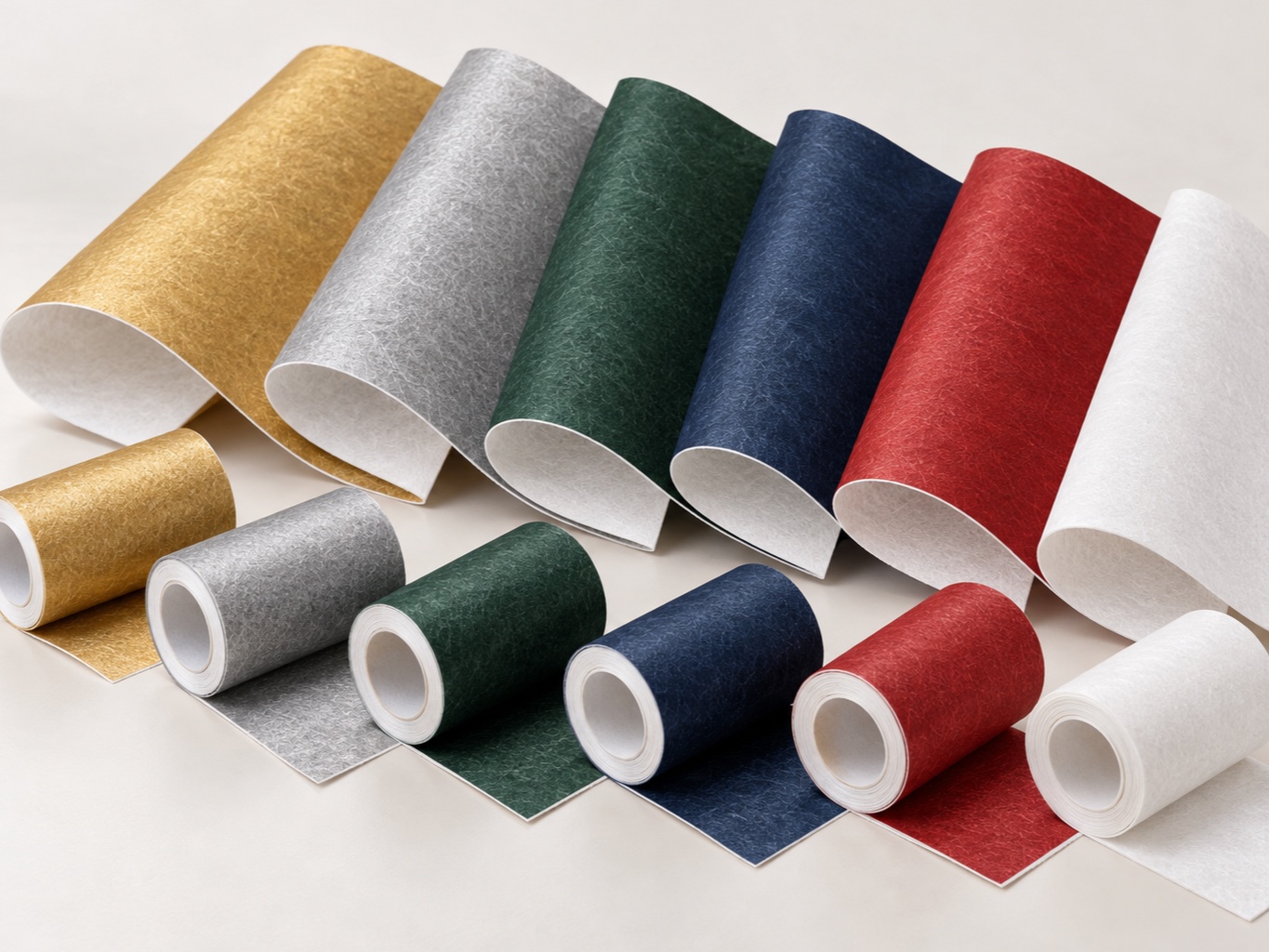 Gold, silver, green, blue and red printed sheets showing their white flashspun HDPE base