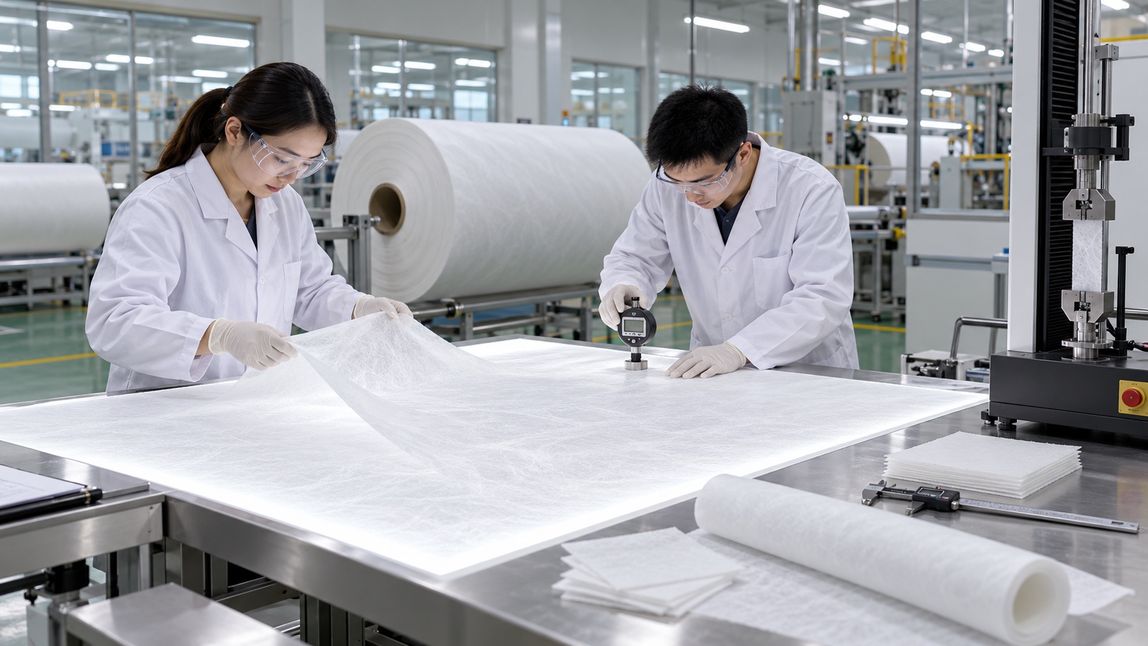 Quality control workshop inspecting white flashspun HDPE nonwoven